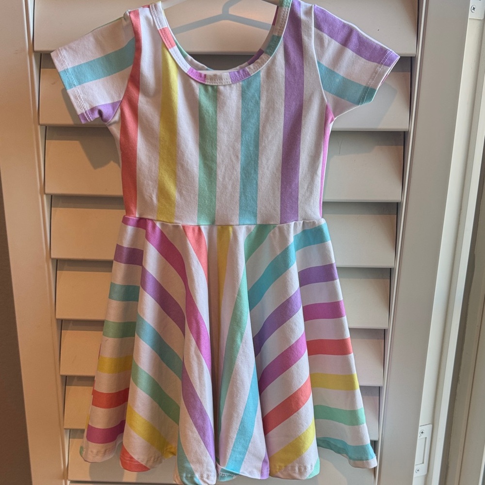 Wild Rich Kids Rainbow Striped Kids Dress 3/4